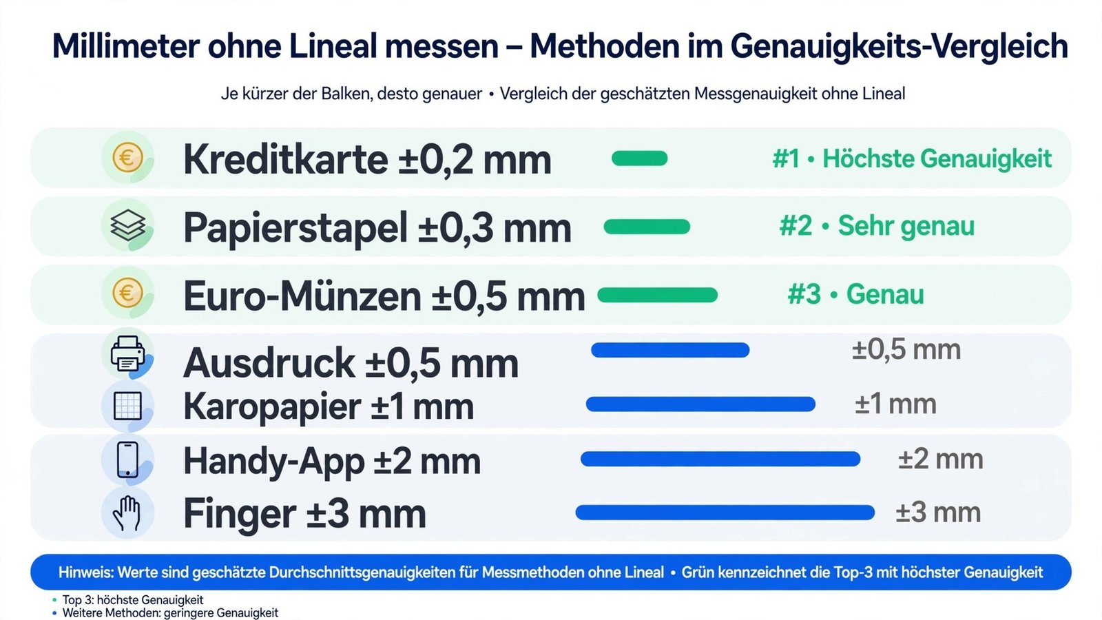Infografik Vergleich der 7 Methoden zum Millimeter messen ohne Lineal mit Genauigkeitsangaben