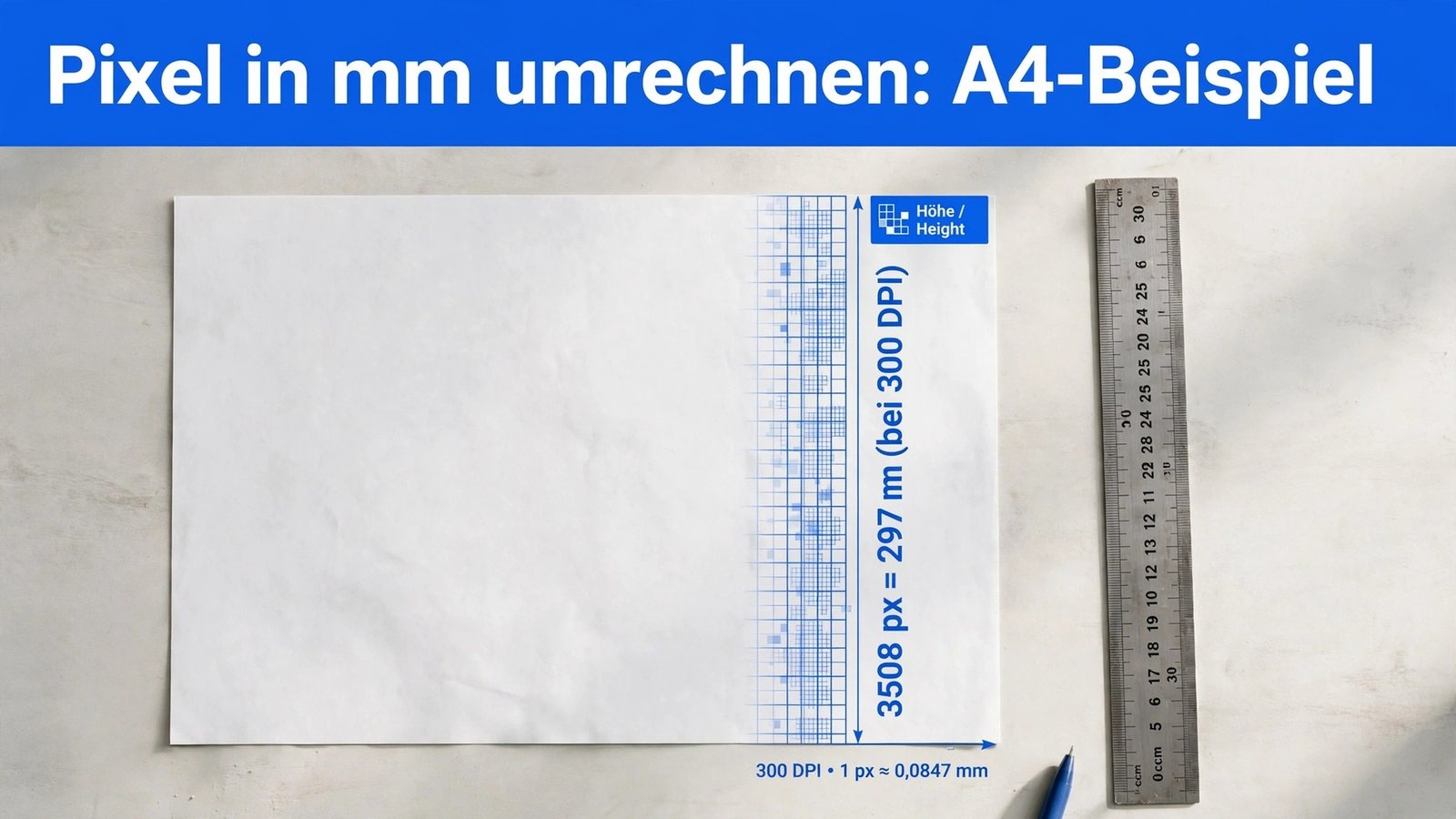 pixel in mm umrechnen – Beispiel A4-Blatt mit 3508 Pixeln Höhe