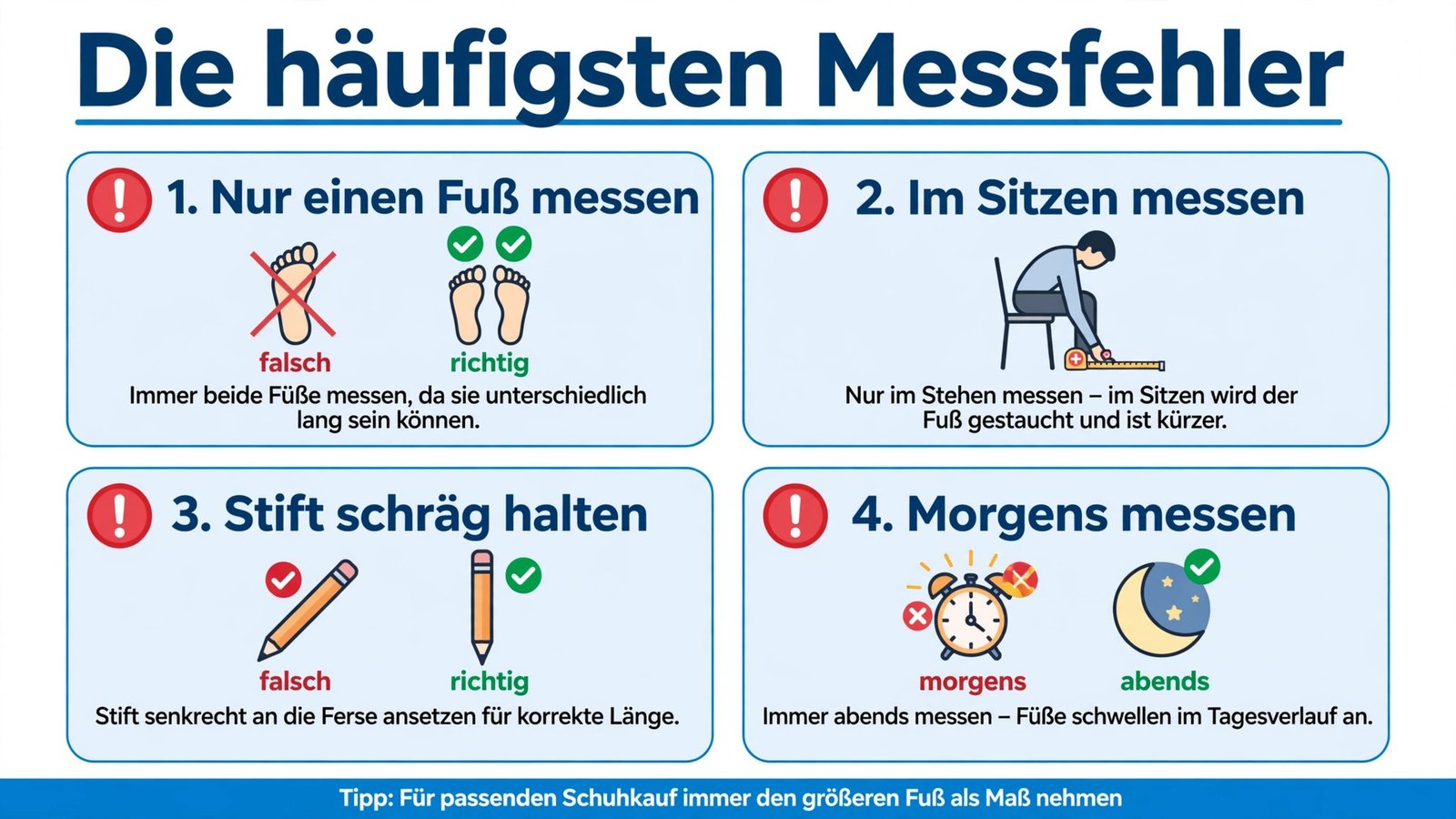 Die häufigsten Fehler beim Schuhgröße messen im Vergleich: nur einen Fuß messen, im Sitzen messen, Stift schräg halten, morgens messen