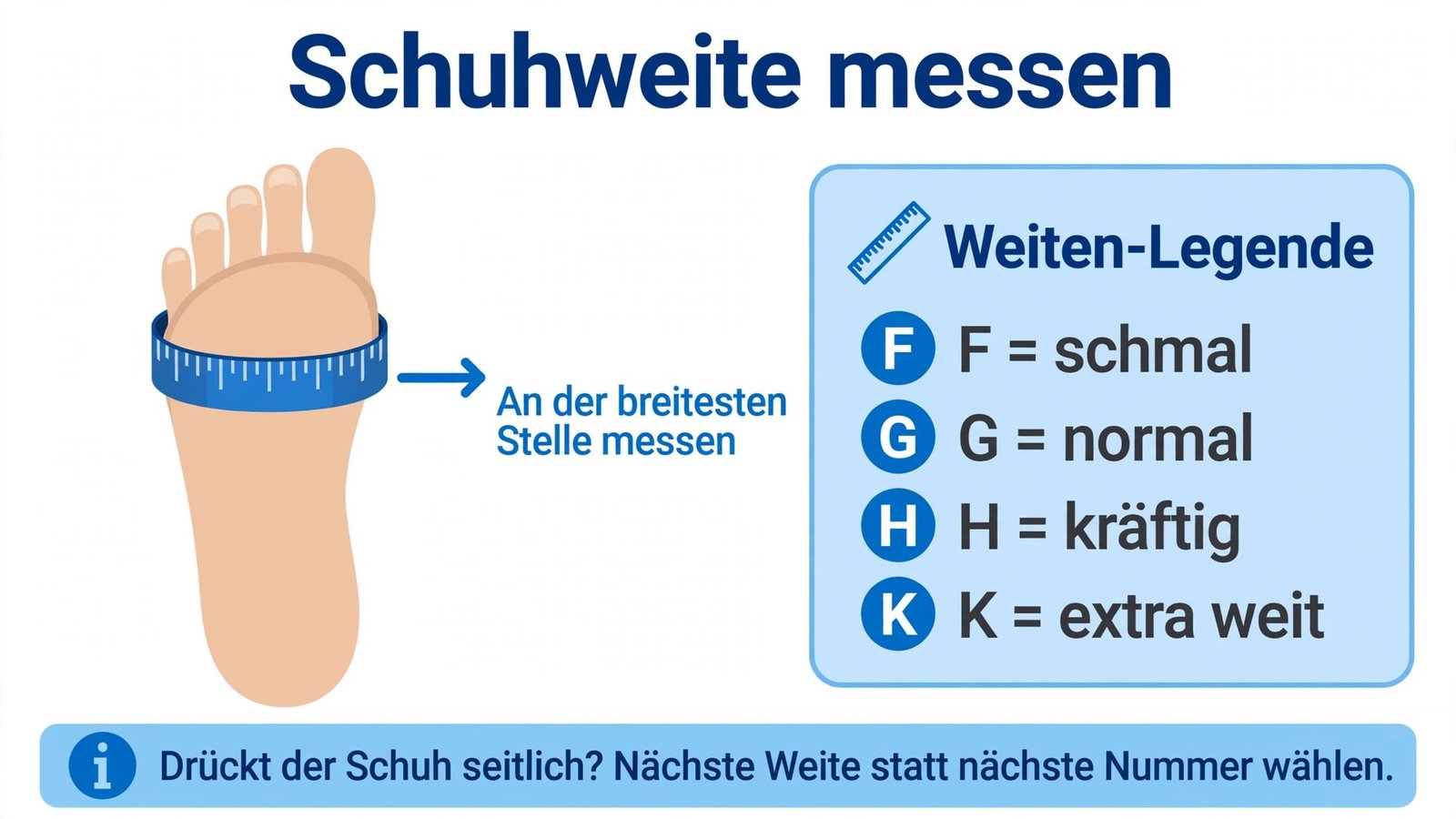 Schuhweite am Ballen messen und Weiten-Legende: F schmal, G normal, H kräftig, K extra weit