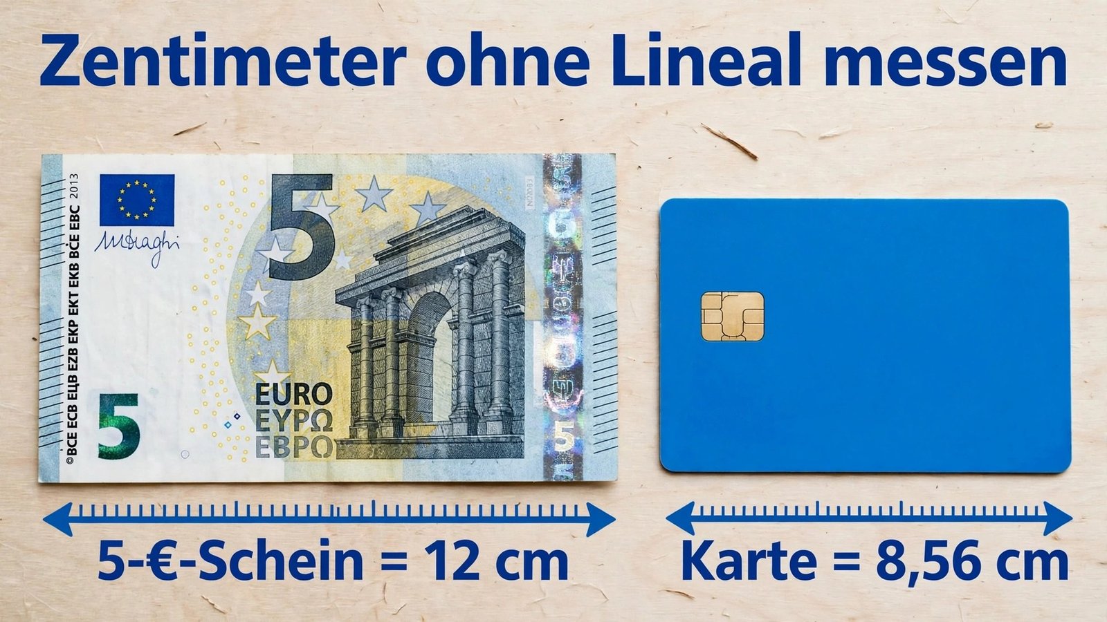 Zentimeter ohne Lineal messen – 5-Euro-Schein (12 cm) und Bankkarte (8,56 cm) als Lineal-Ersatz
