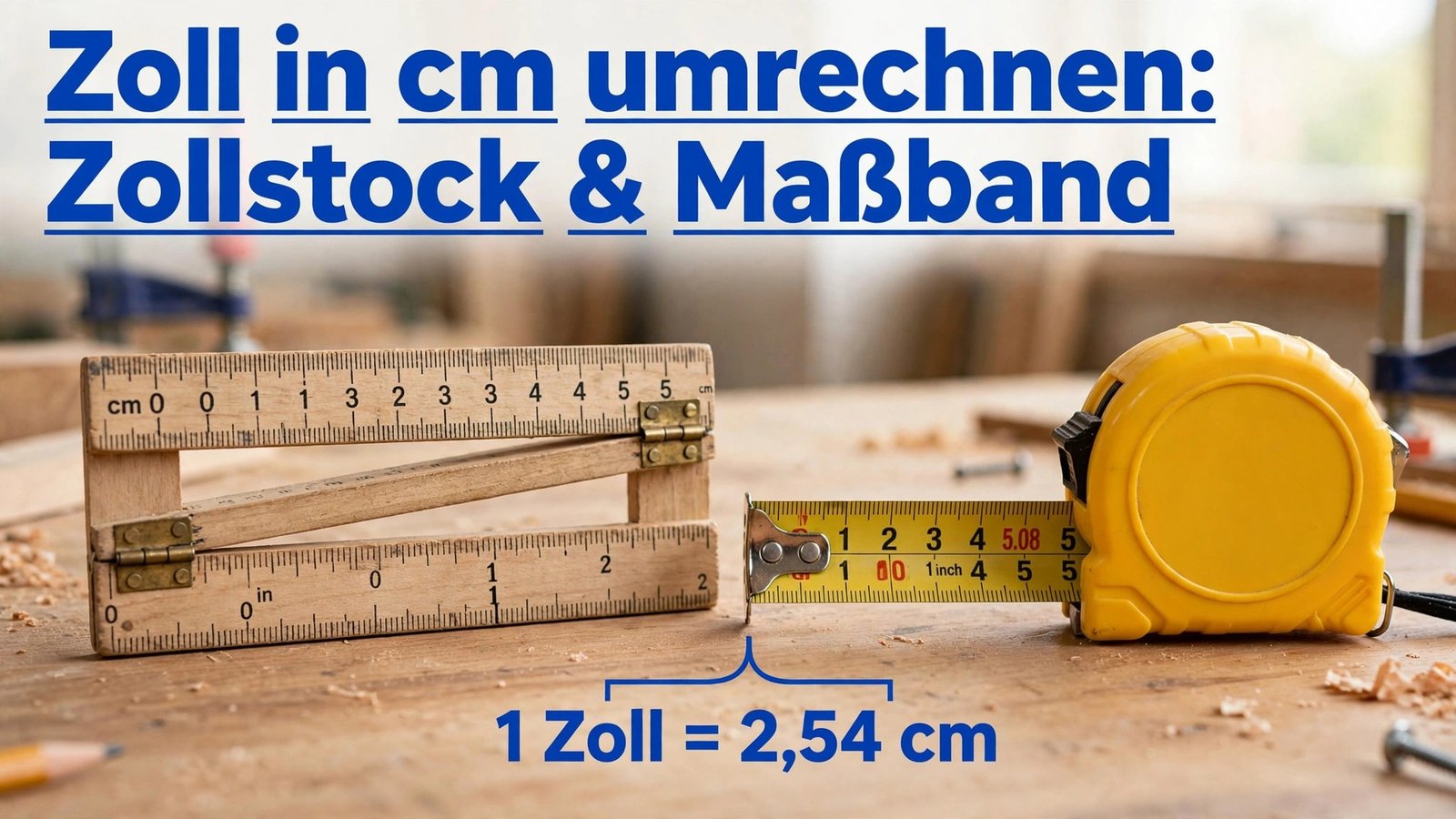 zoll in cm umrechnen – Zollstock und Maßband mit Zoll- und Zentimeter-Skala